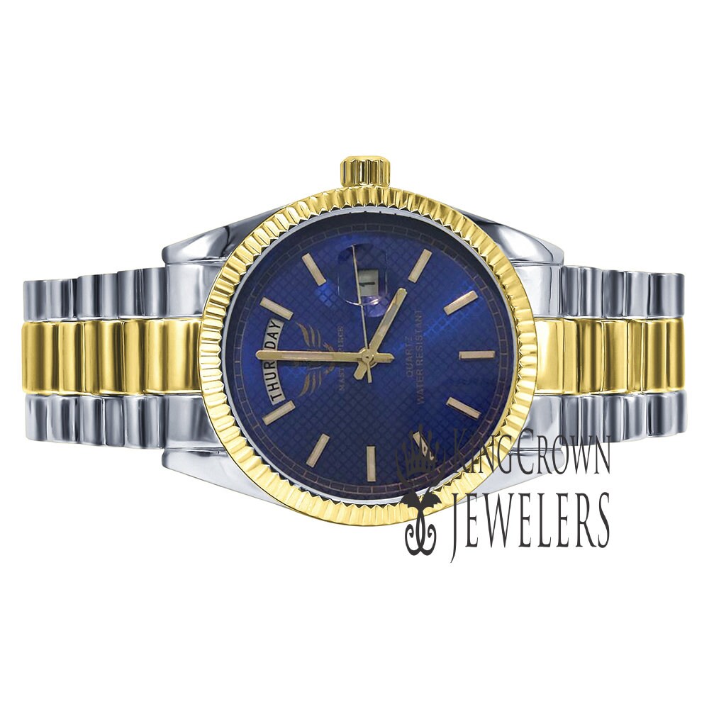 Mens 2 Tone Gold Blue Sapphire Dial Face Metal Band Day/Date Presidential Watch 45mm