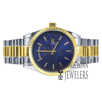 Mens 2 Tone Gold Blue Sapphire Dial Face Metal Band Day/Date Presidential Watch 45mm