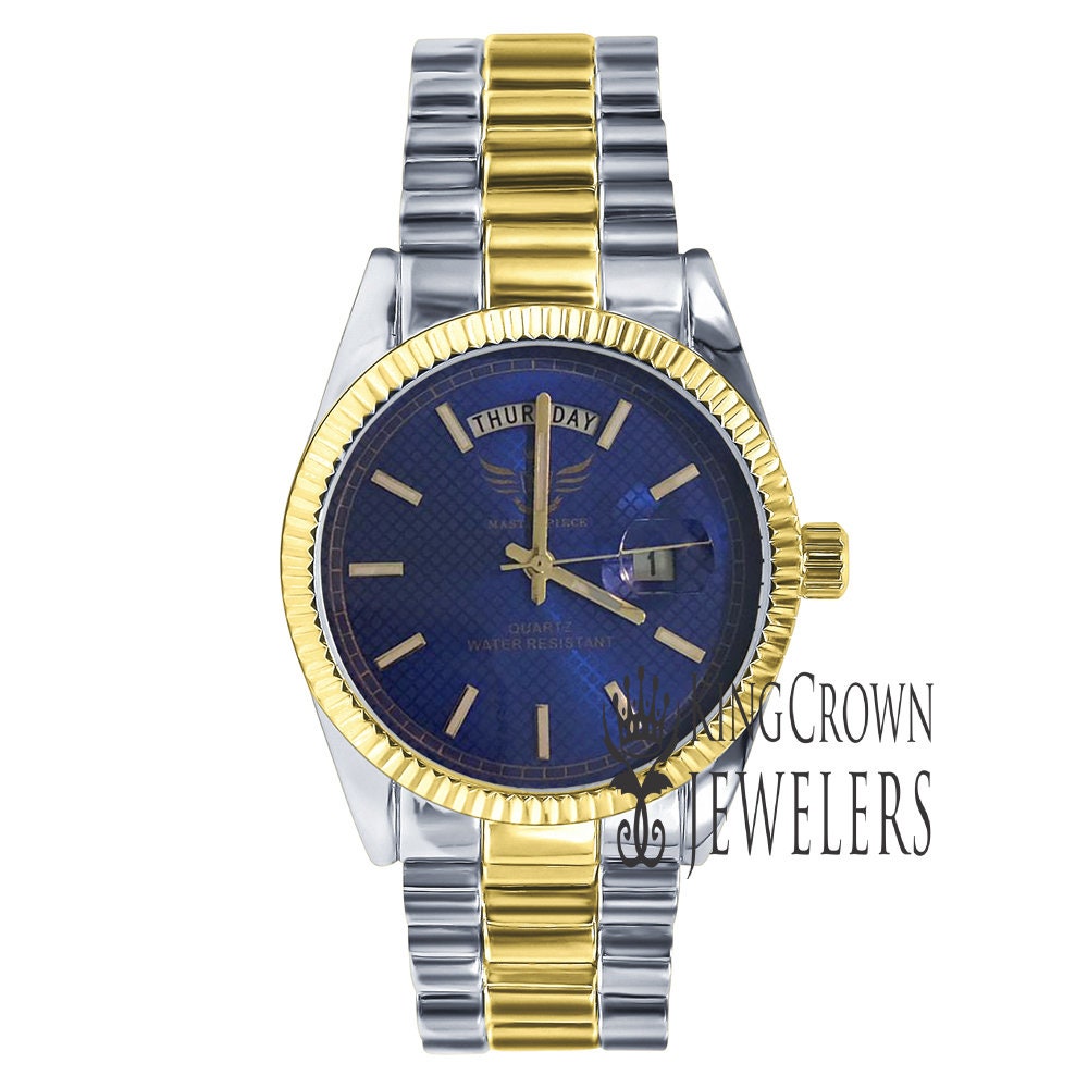 Mens 2 Tone Gold Blue Sapphire Dial Face Metal Band Day/Date Presidential Watch 45mm