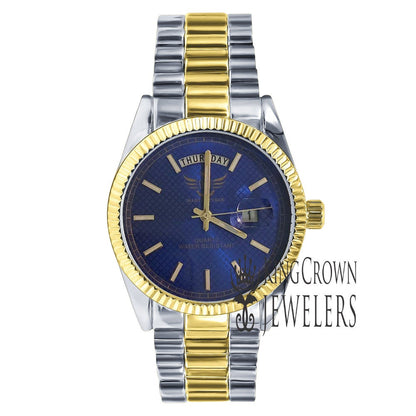 Mens 2 Tone Gold Blue Sapphire Dial Face Metal Band Day/Date Presidential Watch 45mm