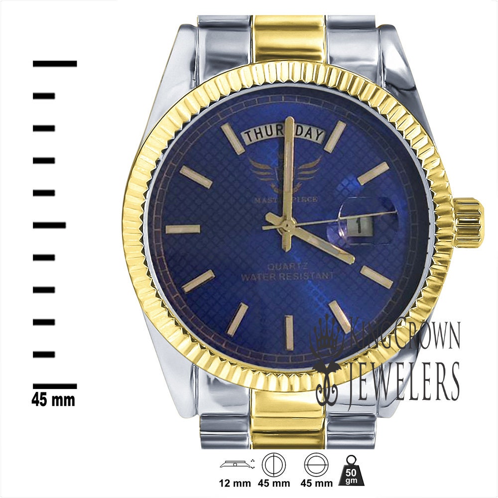 Mens 2 Tone Gold Blue Sapphire Dial Face Metal Band Day/Date Presidential Watch 45mm