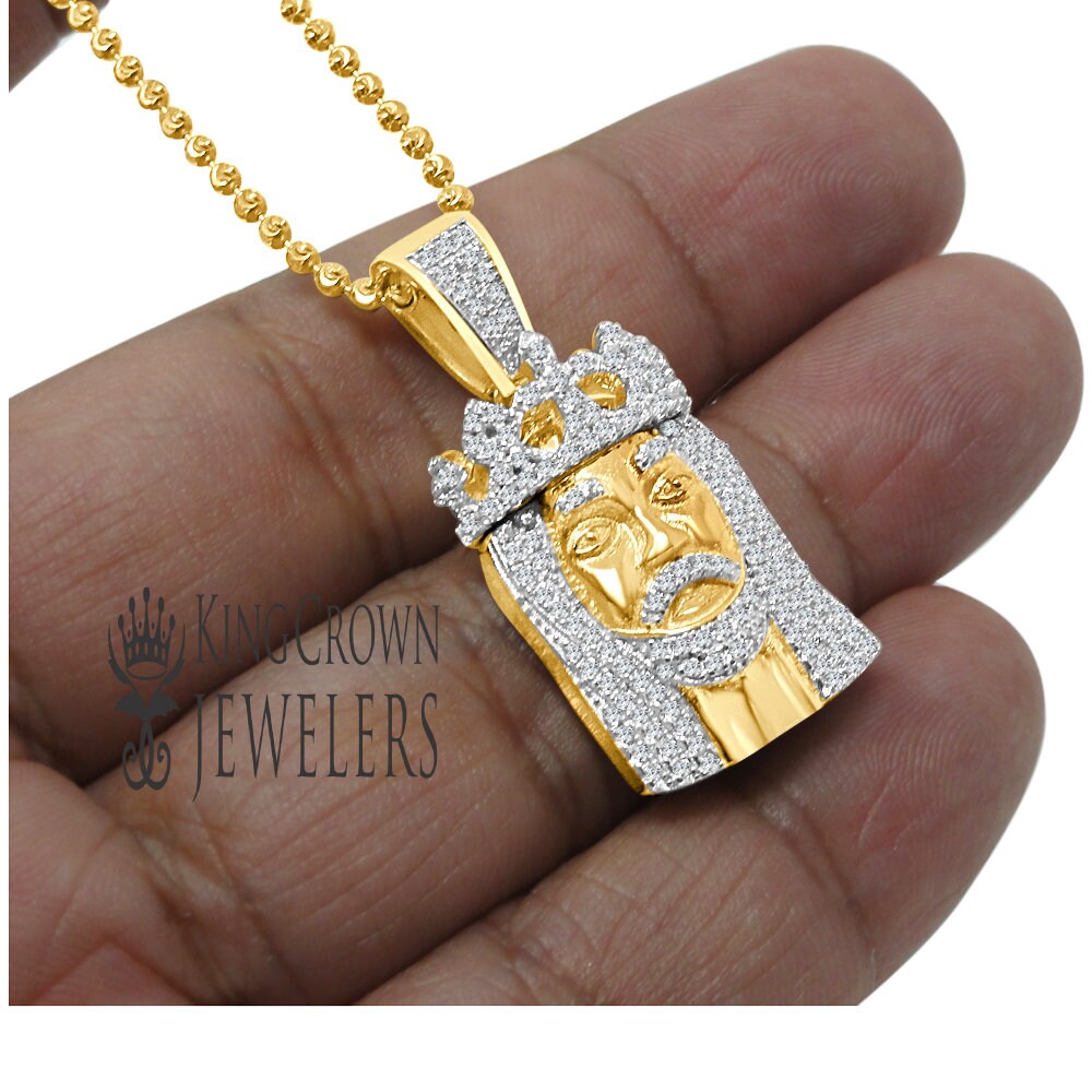 Real Yellow Gold Sterling Silver Jesus Piece Crown Face Mini Pendent Simulated Diamond Charm ChainSet