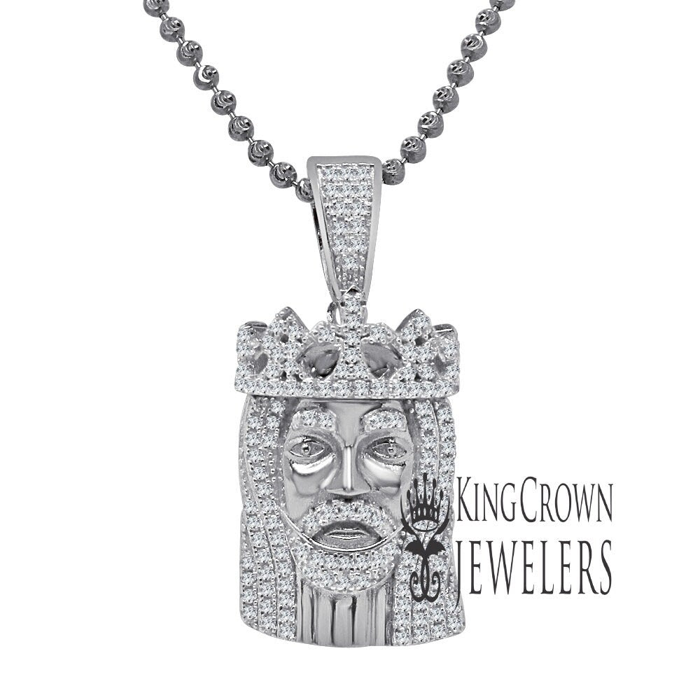 Real White Gold Over Sterling Silver Jesus Piece Crown Face Mini Pendent Simulated Diamond Charm ChainSet
