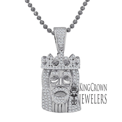 Real White Gold Over Sterling Silver Jesus Piece Crown Face Mini Pendent Simulated Diamond Charm ChainSet