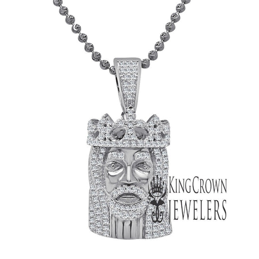Real White Gold Over Sterling Silver Jesus Piece Crown Face Mini Pendent Simulated Diamond Charm ChainSet