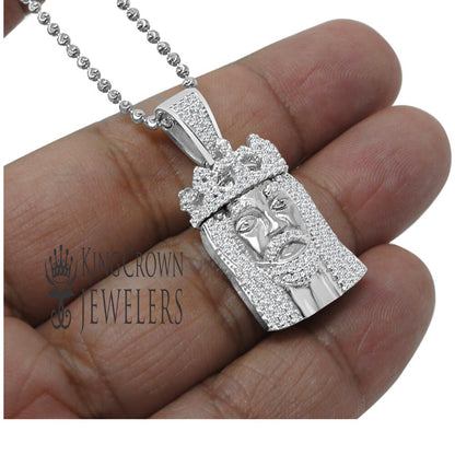 Real White Gold Over Sterling Silver Jesus Piece Crown Face Mini Pendent Simulated Diamond Charm ChainSet