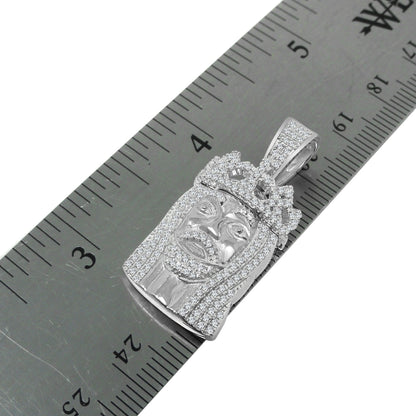 Real White Gold Over Sterling Silver Jesus Piece Crown Face Mini Pendent Simulated Diamond Charm ChainSet