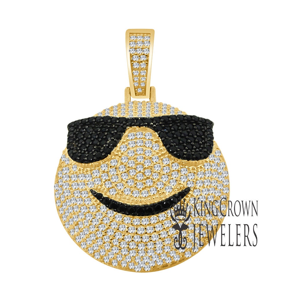 Mens Custom Piece Emoji Happy Face Charm Real Yellow Gold Sterling Silver Lab Diamond Pendent