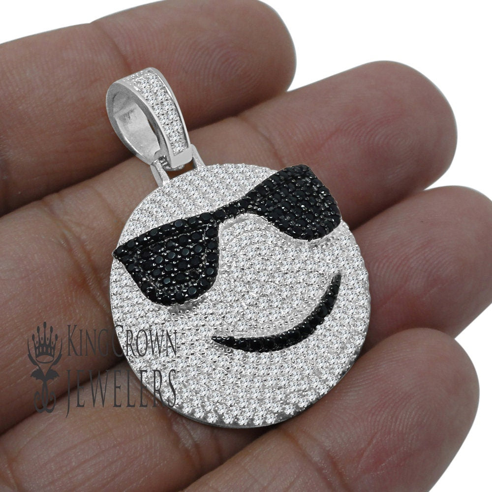 Mens Custom Piece Emoji Happy Face Charm Real White Gold Sterling Silver Lab Diamond Pendent