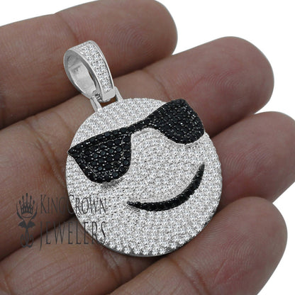 Mens Custom Piece Emoji Happy Face Charm Real White Gold Sterling Silver Lab Diamond Pendent