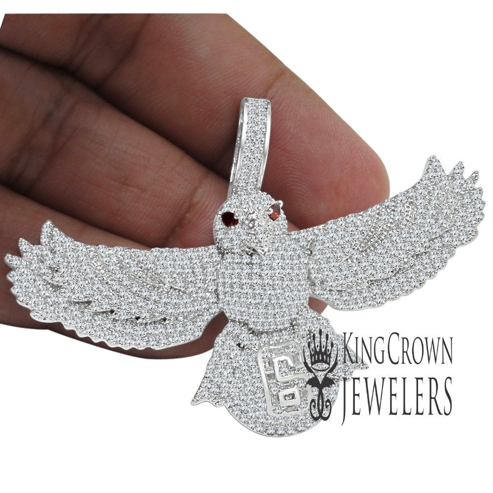 Mens 14K White Gold Finish Simulated Diamond Eagle Wings Custom Charm Bat Owl Pendent