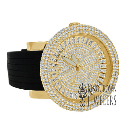 Mens Solid Stainless Steel Fully Icy 3D Simulated Diamond Yellow Gold Tone Watch 48mm
