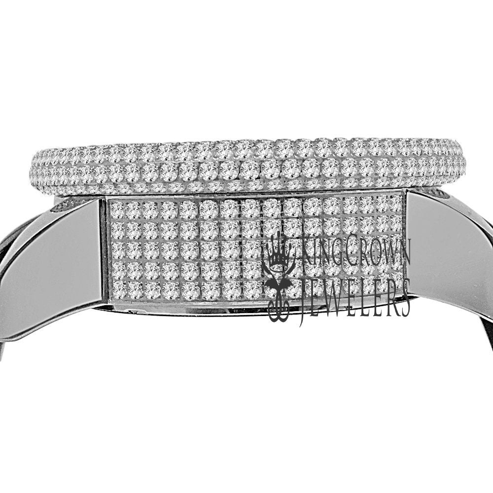 Mens Solid Stainless Steel Fully Icy 3D Simulated Diamond White Gold Tone Watch 48mm