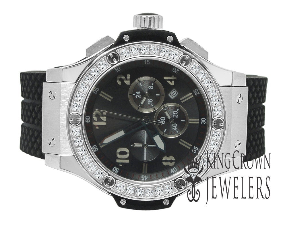 Mens Solid Full Stainless Steel Simulated Diamond Chronograph White Tone Watch 50mm W/Date