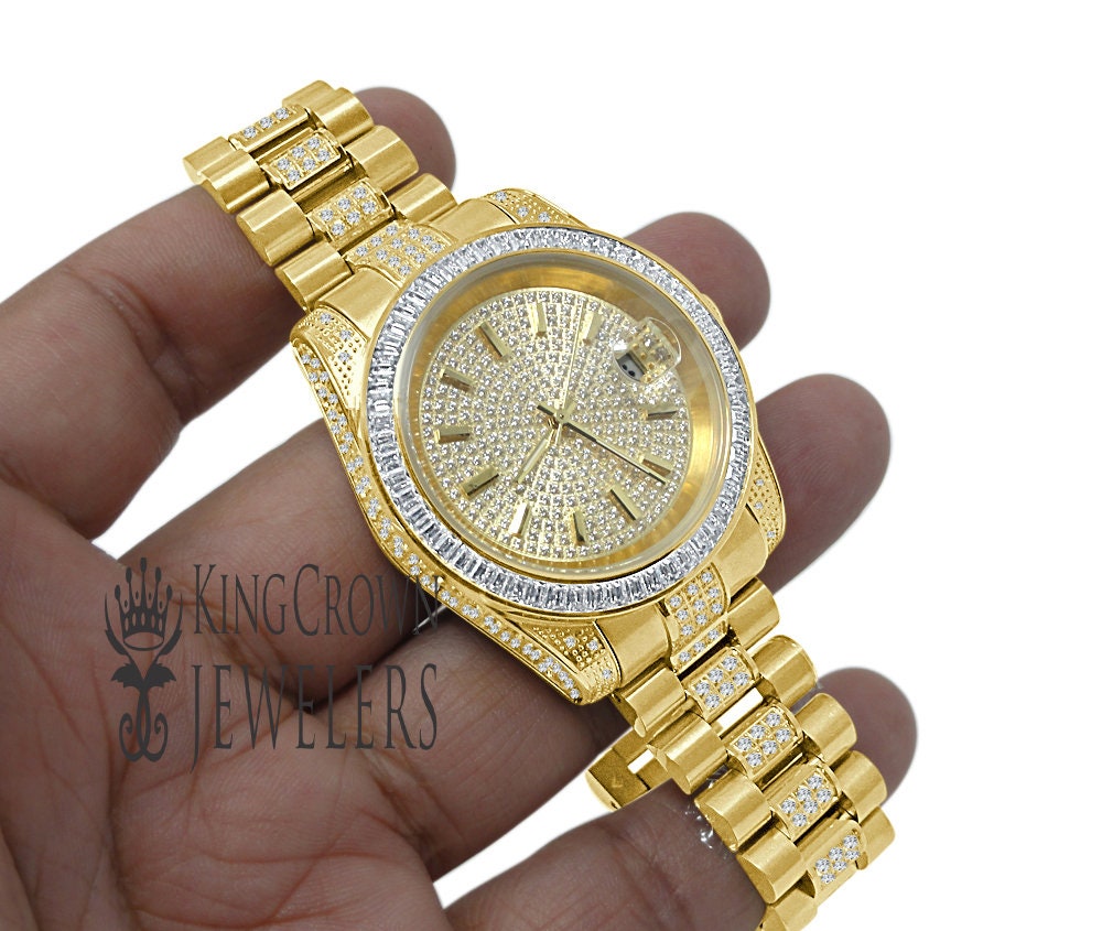 18K Yellow Gold Full Stainless Steel Baguette Simulated Diamond Presidential Watch 41mm