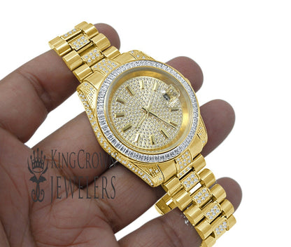 18K Yellow Gold Full Stainless Steel Baguette Simulated Diamond Presidential Watch 41mm