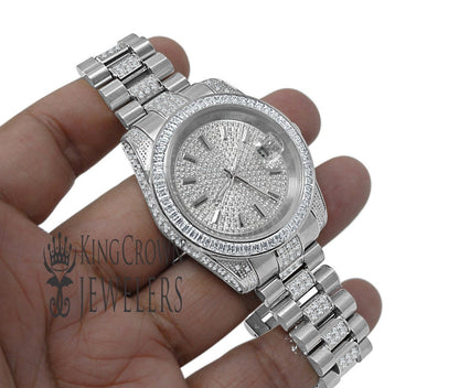 18K White Gold Full Stainless Steel Baguette Simulated Diamond Presidential Watch 41mm