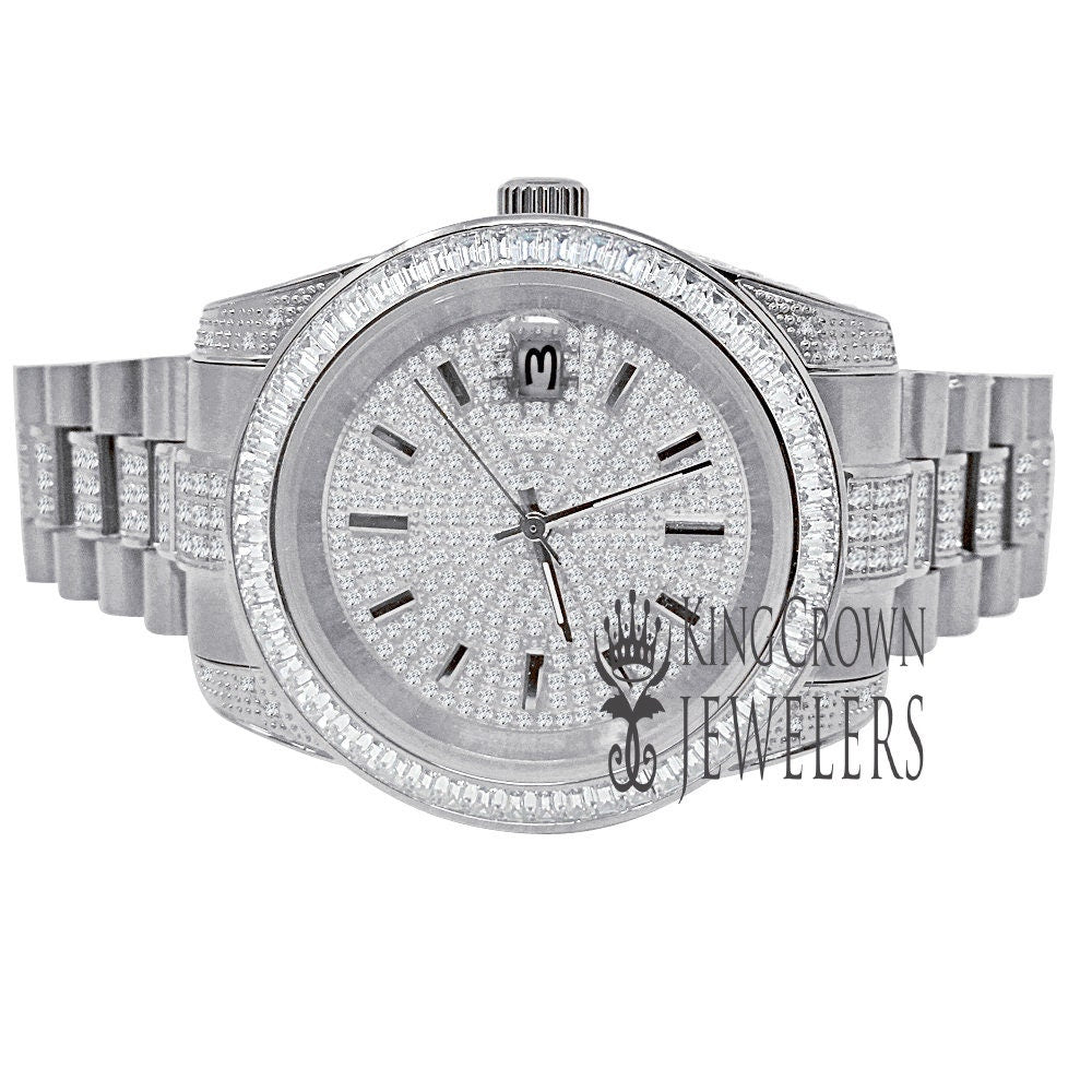 18K White Gold Full Stainless Steel Baguette Simulated Diamond Presidential Watch 41mm