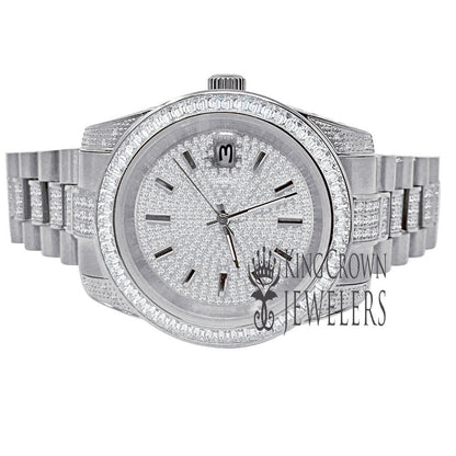 18K White Gold Full Stainless Steel Baguette Simulated Diamond Presidential Watch 41mm