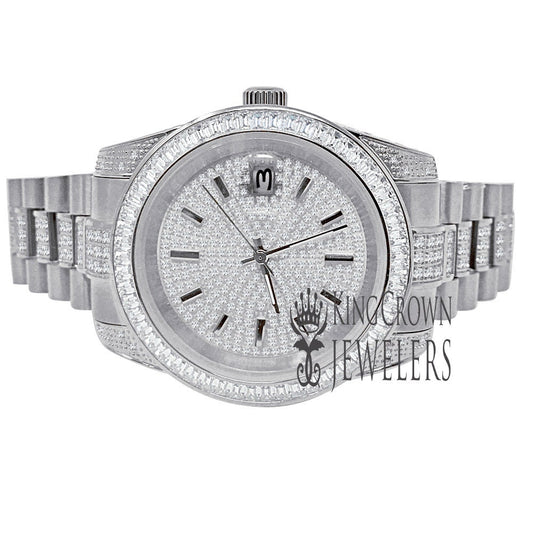 18K White Gold Full Stainless Steel Baguette Simulated Diamond Presidential Watch 41mm