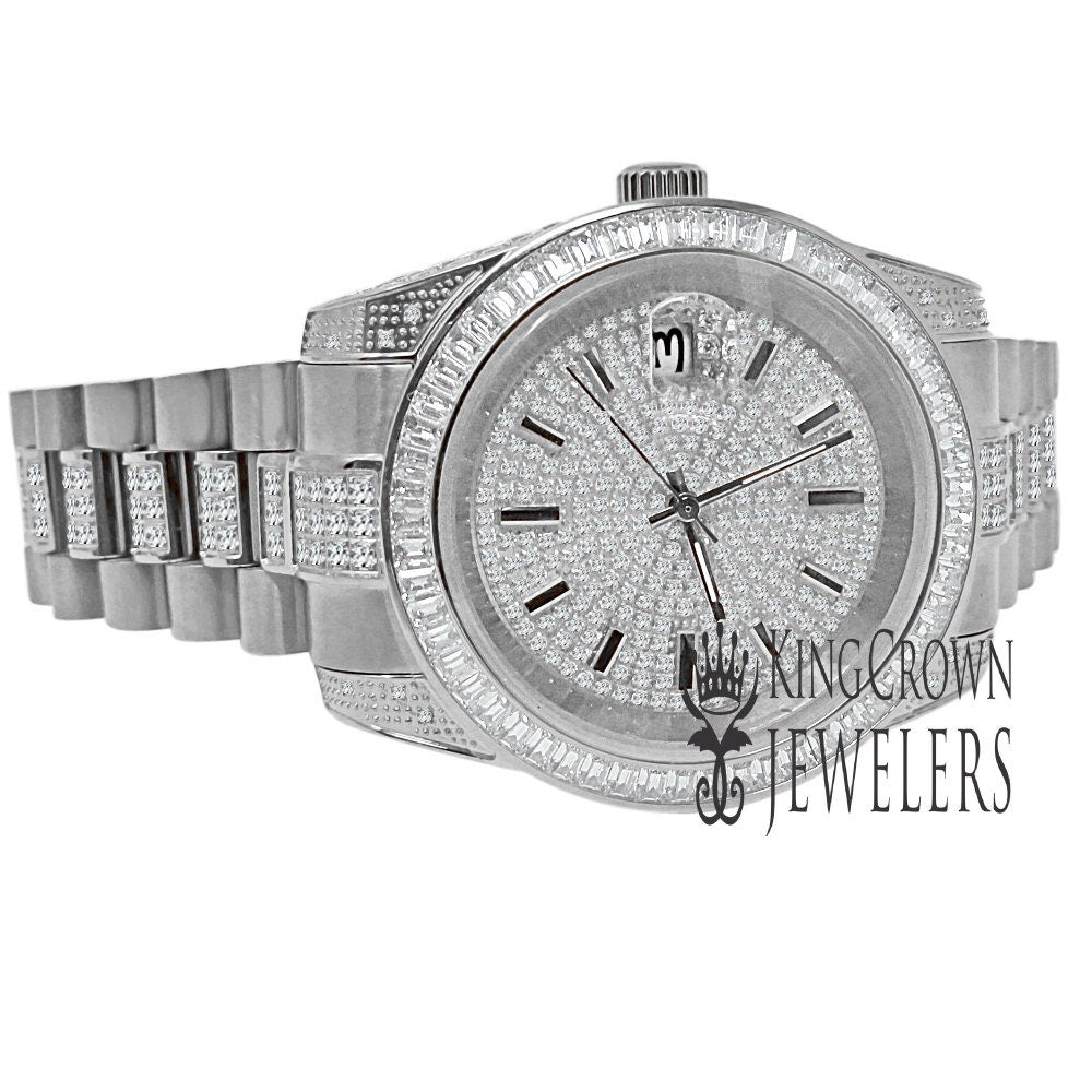 18K White Gold Full Stainless Steel Baguette Simulated Diamond Presidential Watch 41mm