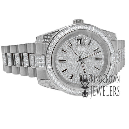18K White Gold Full Stainless Steel Baguette Simulated Diamond Presidential Watch 41mm