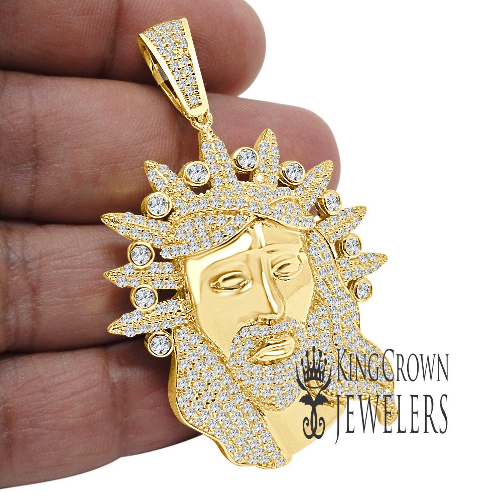 Real Genuine Yellow Gold Sterling Silver Simulated Diamond Jesus Face Piece Christ Charm Pendent 2.5''