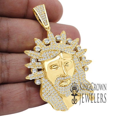 Real Genuine Yellow Gold Sterling Silver Simulated Diamond Jesus Face Piece Christ Charm Pendent 2.5''