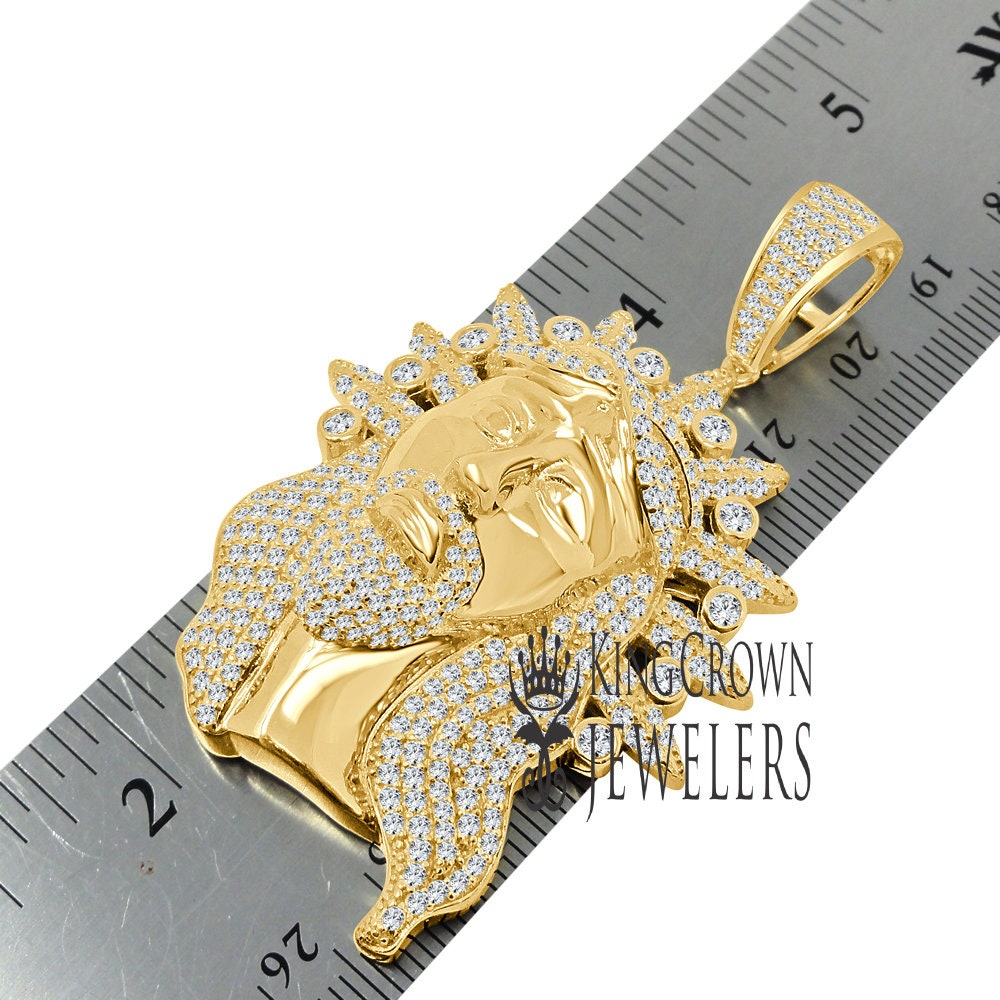 Real Genuine Yellow Gold Sterling Silver Simulated Diamond Jesus Face Piece Christ Charm Pendent 2.5''