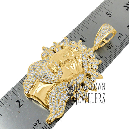 Real Genuine Yellow Gold Sterling Silver Simulated Diamond Jesus Face Piece Christ Charm Pendent 2.5''
