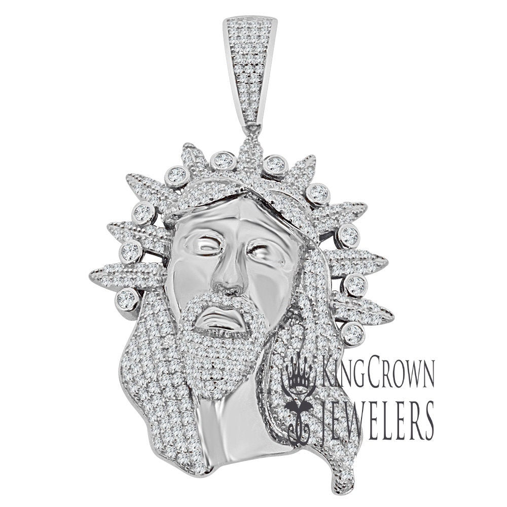 Real Genuine White Gold Sterling Silver Simulated Diamond Jesus Face Piece Christ Charm Pendent 2.5''