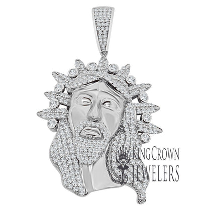 Real Genuine White Gold Sterling Silver Simulated Diamond Jesus Face Piece Christ Charm Pendent 2.5''