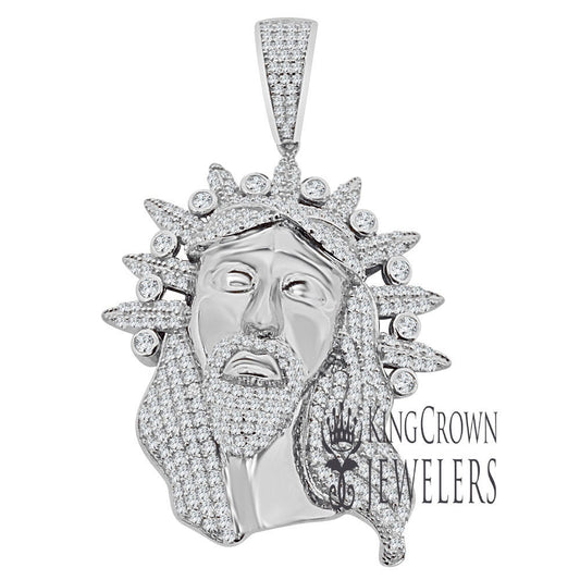 Real Genuine White Gold Sterling Silver Simulated Diamond Jesus Face Piece Christ Charm Pendent 2.5''