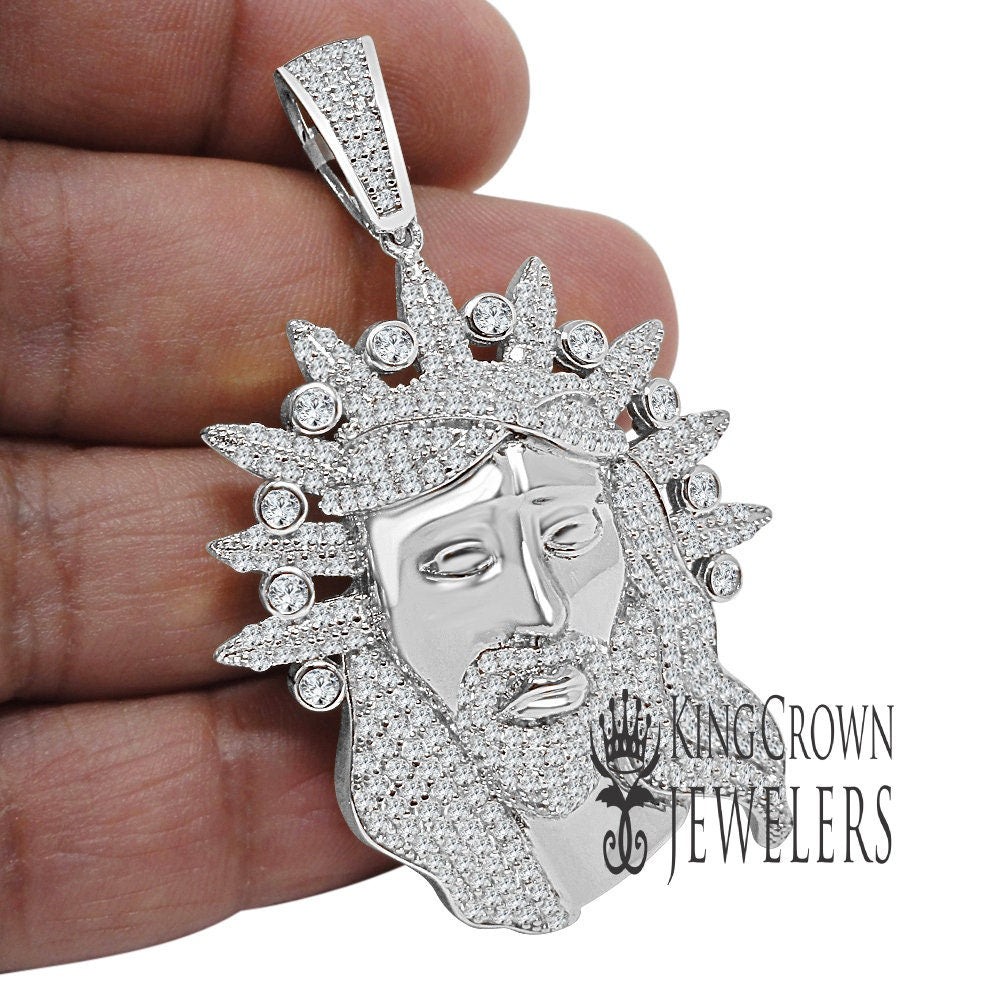 Real Genuine White Gold Sterling Silver Simulated Diamond Jesus Face Piece Christ Charm Pendent 2.5''