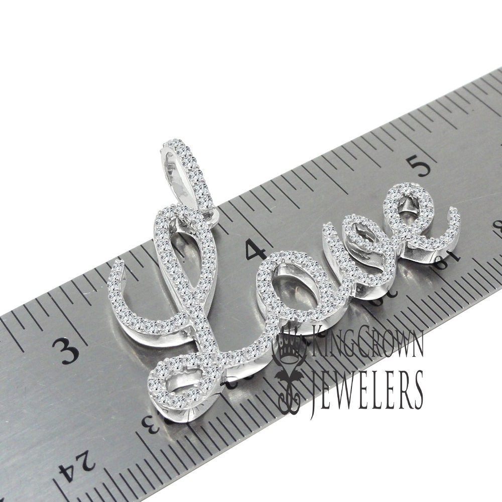 Real White Gold On Genuine Sterling Silver Lab Diamond "love" Script Pendent Charm Chain Set