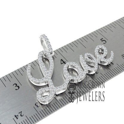 Real White Gold On Genuine Sterling Silver Lab Diamond "love" Script Pendent Charm Chain Set