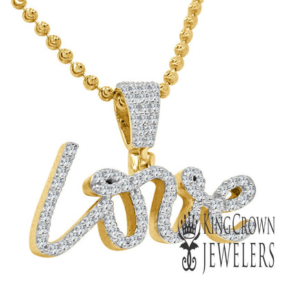 Real Yellow Gold Sterling Silver Simulated Diamond "love" Script Pendent Charm + Chain