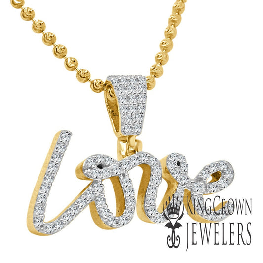 Real Yellow Gold Sterling Silver Simulated Diamond "love" Script Pendent Charm + Chain