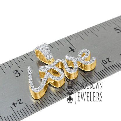 Real Yellow Gold Sterling Silver Simulated Diamond "love" Script Pendent Charm + Chain