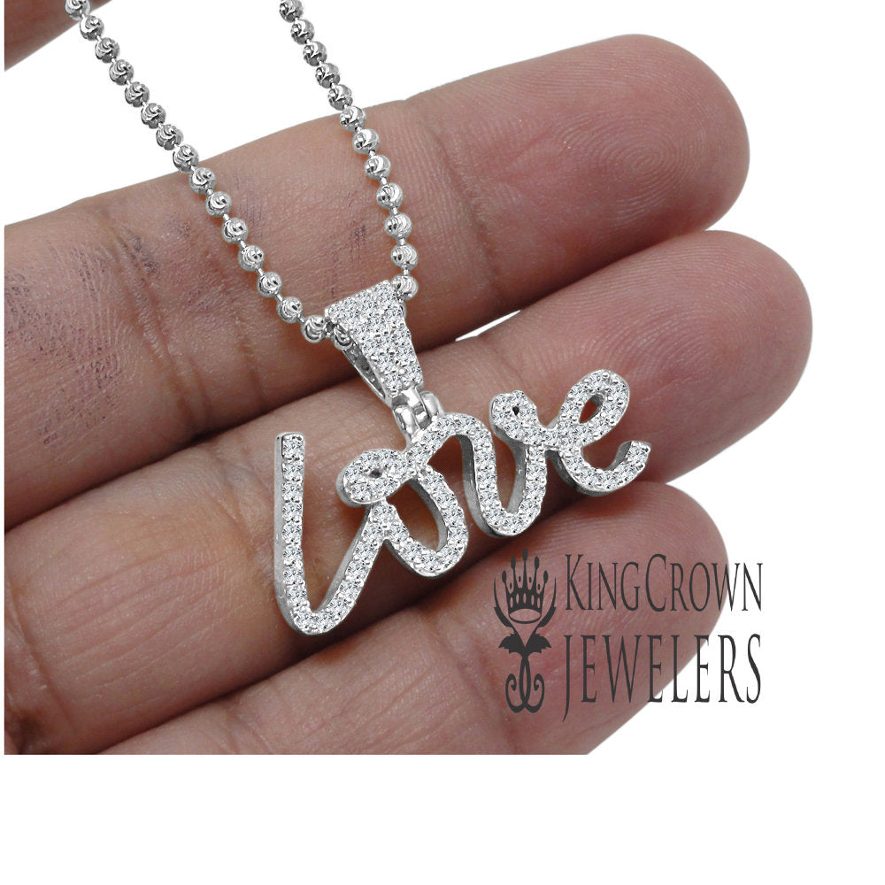 Real White Gold Over Pure Sterling Silver Simulated Diamond "love" Script Pendent Charm + Chain