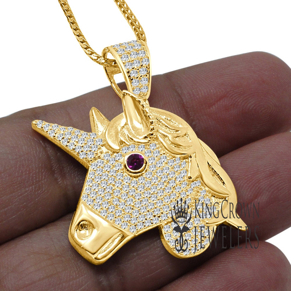 14K Yellow Gold On Genuine Sterling Silver Lab Diamond Unicorn Pendant Race Horse Charm Chain Set