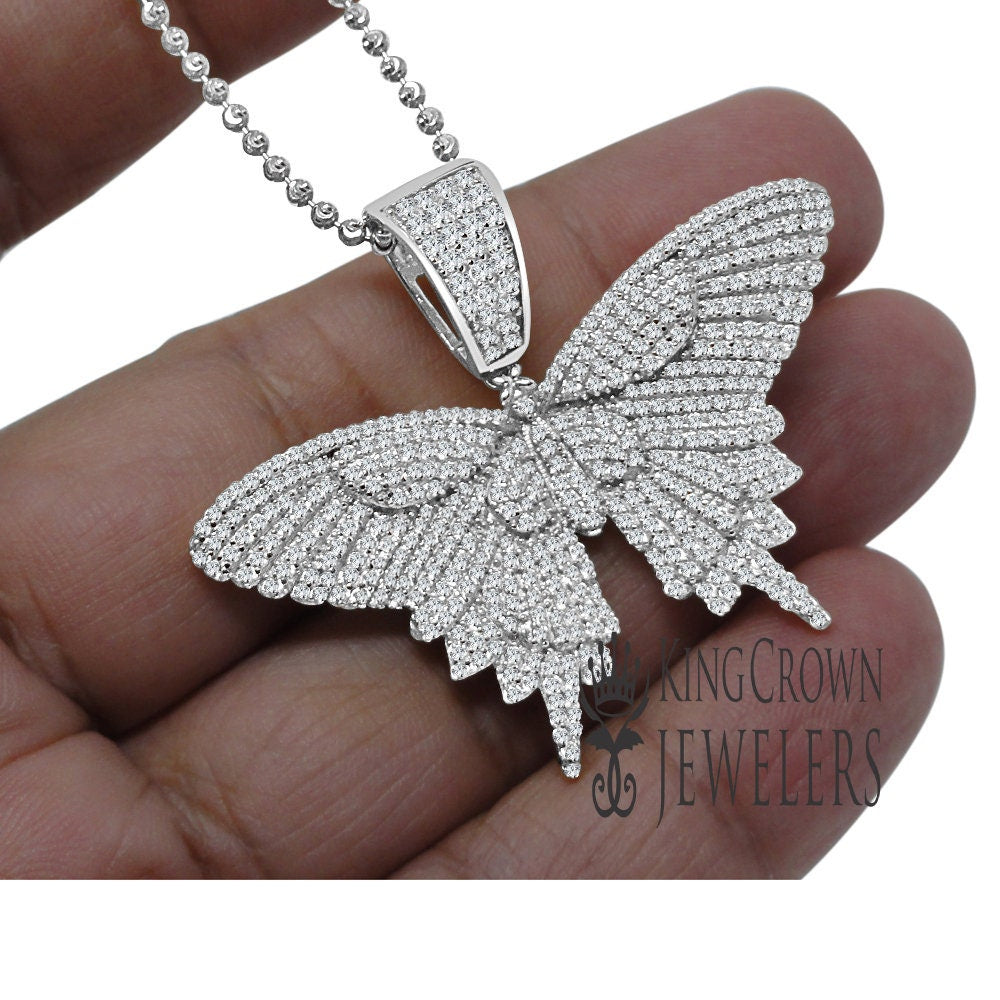 Solid White  Gold On Real Sterling Silver Diamond 3D Butterfly Pendent Charm Chain Set