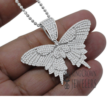 Solid White  Gold On Real Sterling Silver Diamond 3D Butterfly Pendent Charm Chain Set