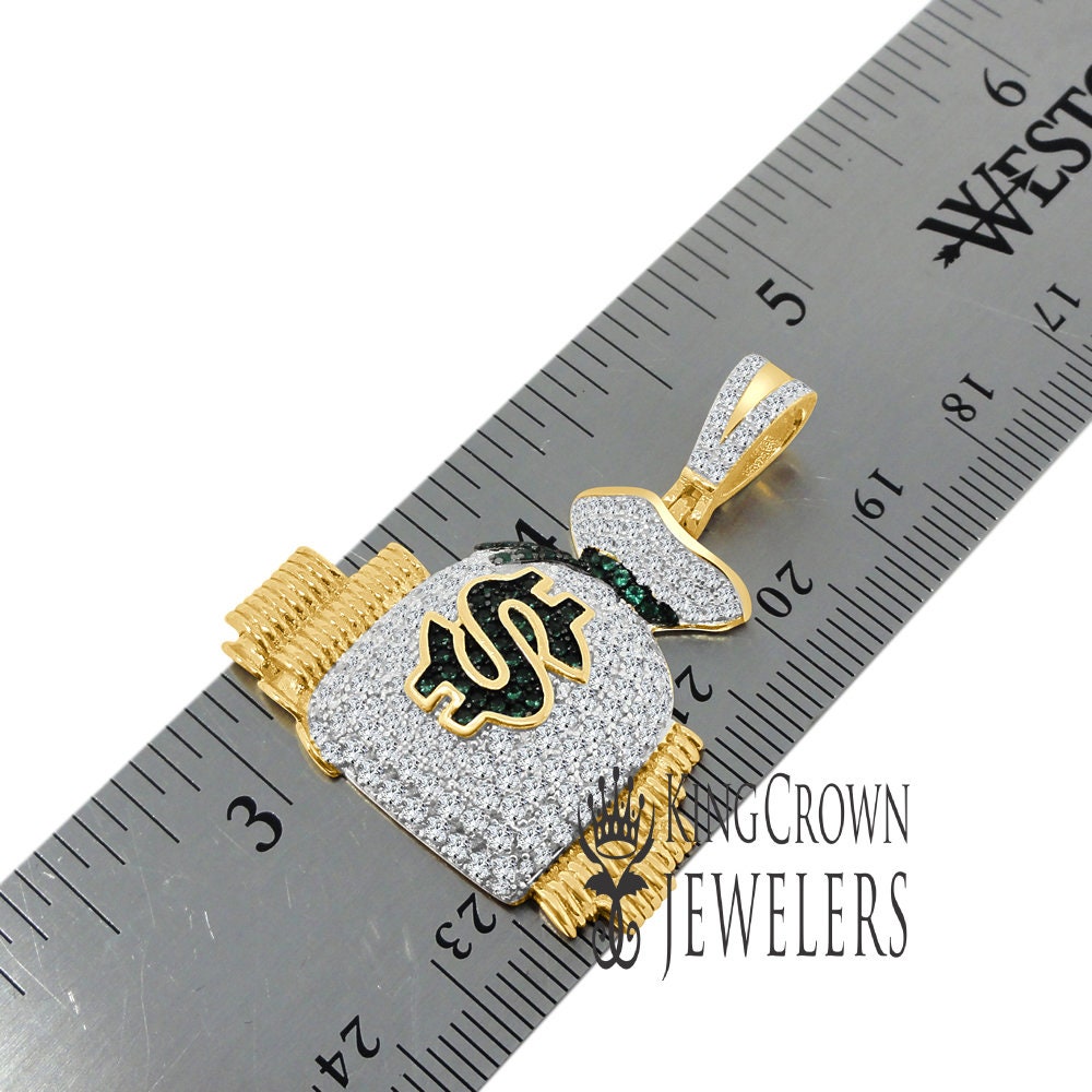 10k Yellow Gold On Solid Sterling Silver Mens Lab Diamond Money Bag Stacks Charm Pendant + Franco Chain