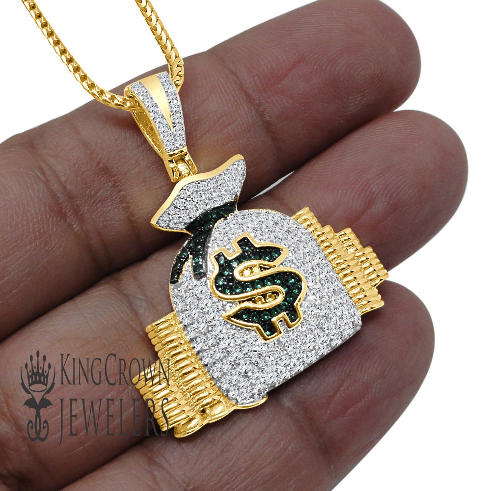 10k Yellow Gold On Solid Sterling Silver Mens Lab Diamond Money Bag Stacks Charm Pendant + Franco Chain