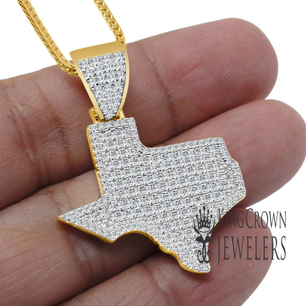 Texas Map Pendant 1.70" The Lone Star State Charm Real Yellow Gold On Italian Sterling Silver Simulated Diamond + Franco Chain