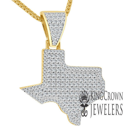 Texas Map Pendant 1.70" The Lone Star State Charm Real Yellow Gold On Italian Sterling Silver Simulated Diamond + Franco Chain