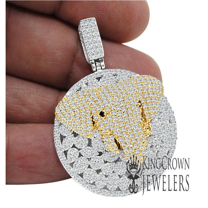 2 Tone Sterling Silver Solitaire Cut Elephant Head Pendant Simulated Diamond Custom Charm