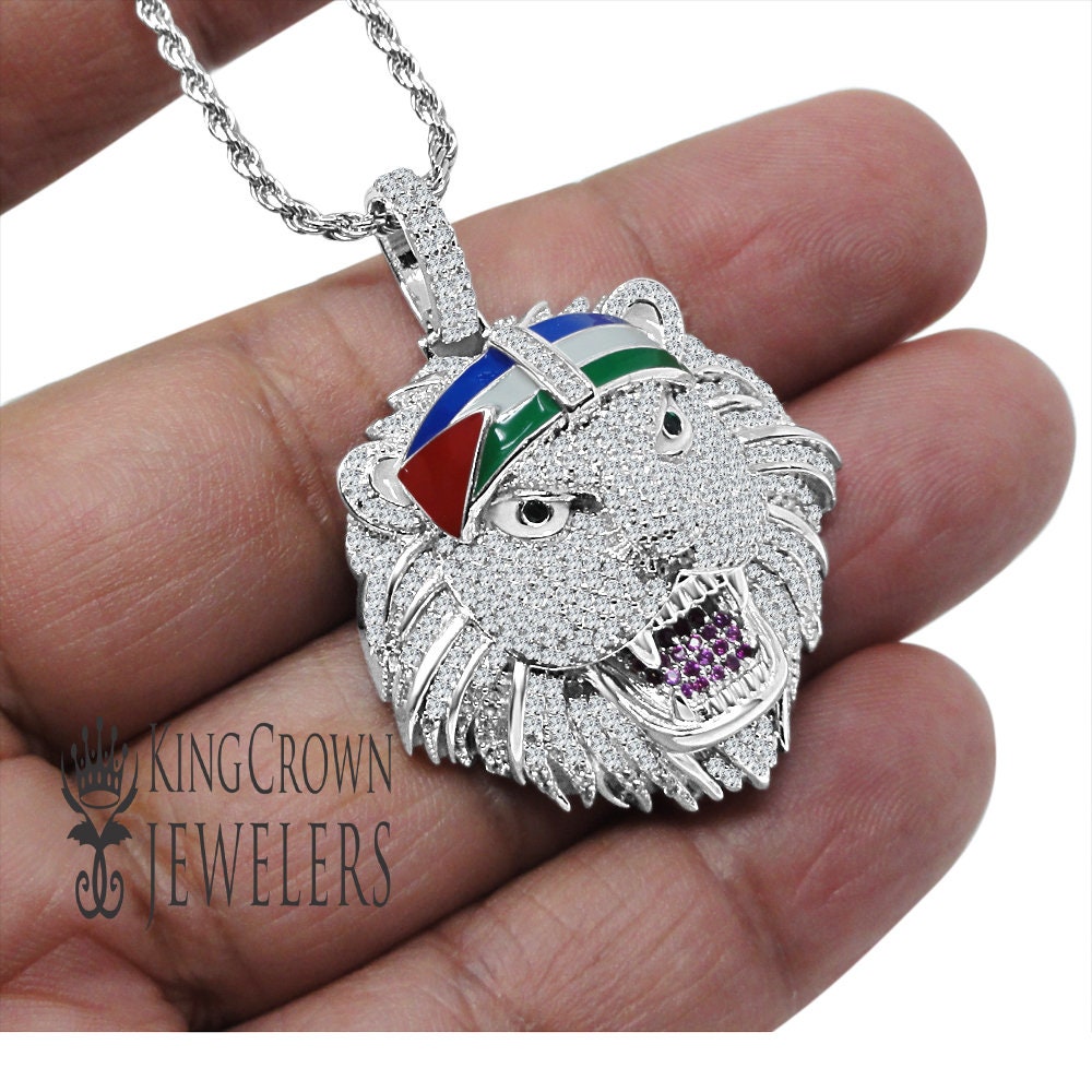 Real Genuine Authentic Sterling Silver 2.00 Cwt. Simulated Diamond Jungle Lion King Head Men's Custom Pendant Charm Chain Neckless Set