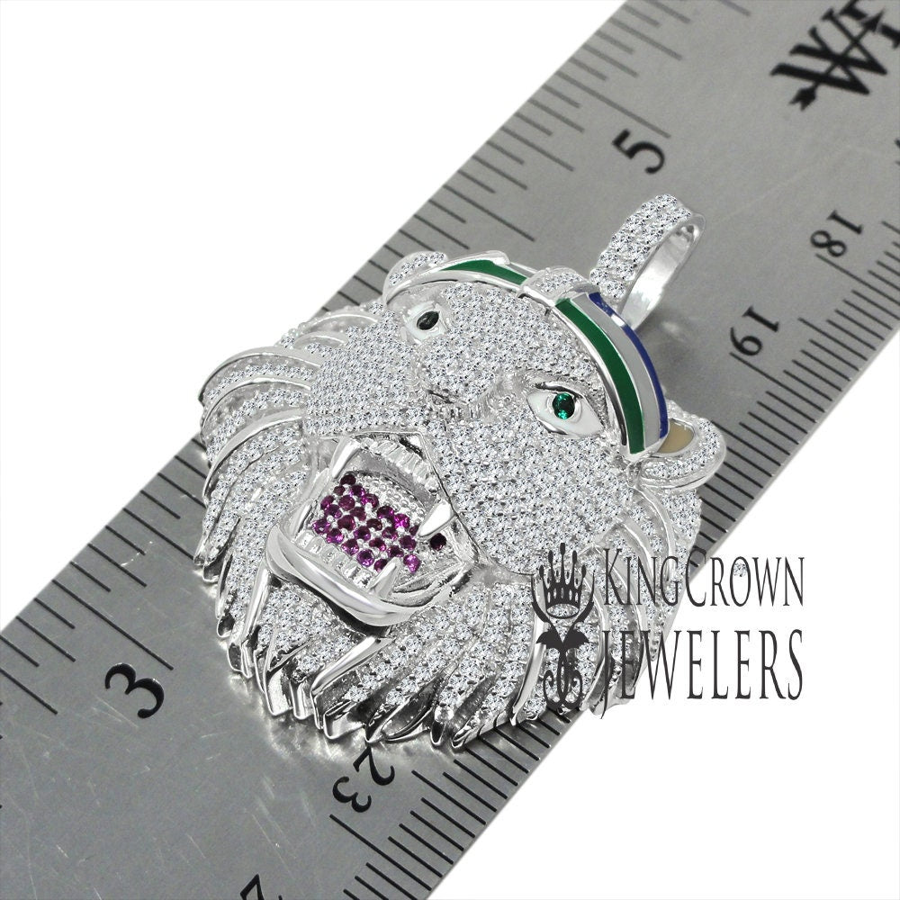 Real Genuine Authentic Sterling Silver 2.00 Cwt. Simulated Diamond Jungle Lion King Head Men's Custom Pendant Charm Chain Neckless Set